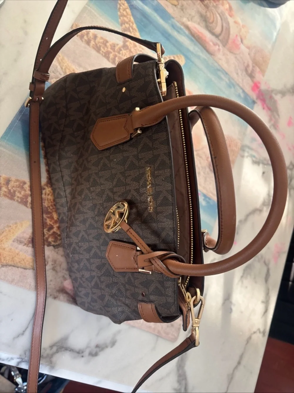 Michael Kors Brown Monogram Duffel with Tan Leather Trim - Picture 2 of 16